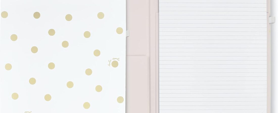 Kate Spade New York A4 Clipboard Folio with Low Profile Clip, Professional Padfolio Includes Lined Notepad, Pen Loop, and Pocket, Gold Dot with Script