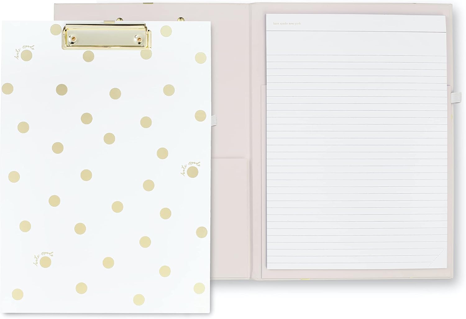 Kate Spade New York A4 Clipboard Folio with Low Profile Clip, Professional Padfolio Includes Lined Notepad, Pen Loop, and Pocket, Gold Dot with Script Kate Spade New York A4 Clipboard Folio with Low Profile Clip, Professional Padfolio Includes Lined Notepad, Pen Loop, and Pocket, Gold Dot with Script