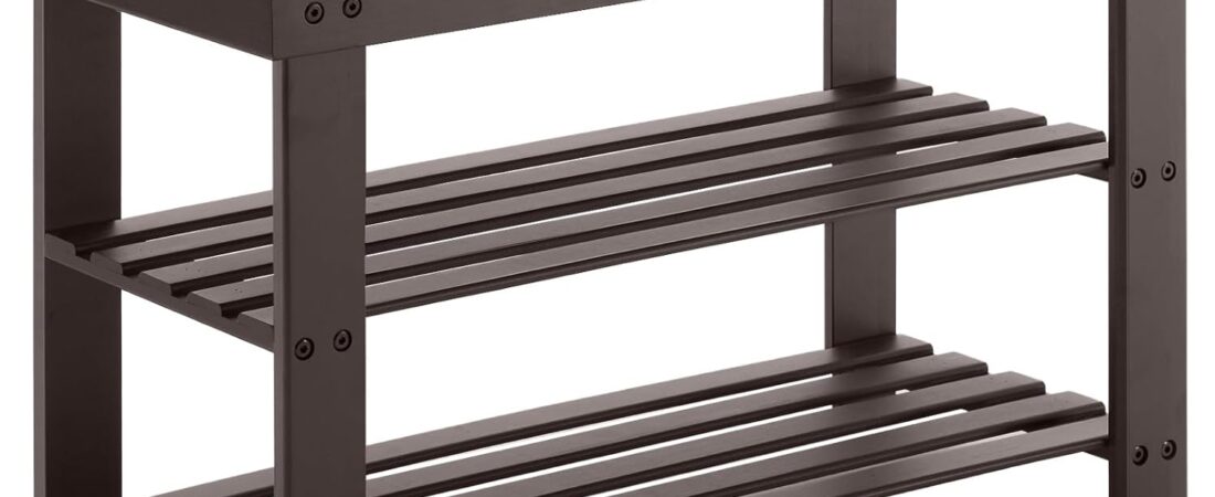 Sweetcrispy 3-Tier Shoe Rack Bench, Bamboo Entryway Storage Organizer, Shoes Stand for FrontDoor Entrance, Bedroom, Living Room, 286lb Capacity, 11.3 x 27.6 x 17.8 Inches, Chestnut