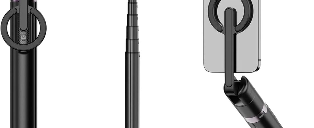 TONEOF 68″ Magnetic Selfie Stick Tripod with Aluminum Strong Magnetic Holder for Magsafe, 360° Rotatable Travel Phone Tripod Stand with Metal Ring & Rechargeable Remote for iPhone/Android（Black）