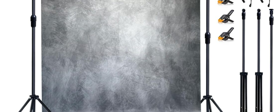 2-in-1 Portable Photo Backdrop Kit with 6x8ft Abstract Background – Includes Adjustable Stand, 8 Clamps & Storage Bag(Grey,6x8ft)