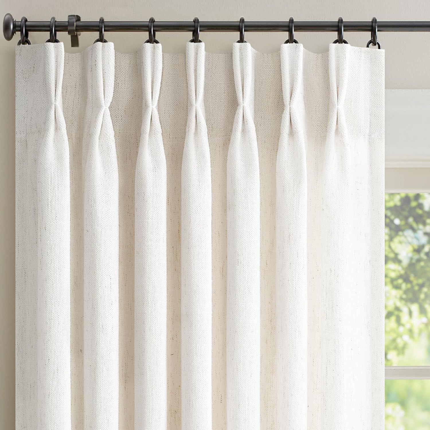 90 inch Pinch Pleated Linen Curtains for Living Room Bedroom Natural Ivory Birch Boho Country Thick Linen Textured Light Filtering Pinch Pleat Drapes Back Tab Semi Sheer Window Curtain 2 Panels