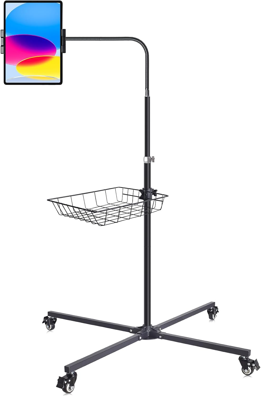 Adjustable Floor Standing Tablet Stand with Storage Basket, Mobile Rolling Base, Height Adjustable Metal Frame