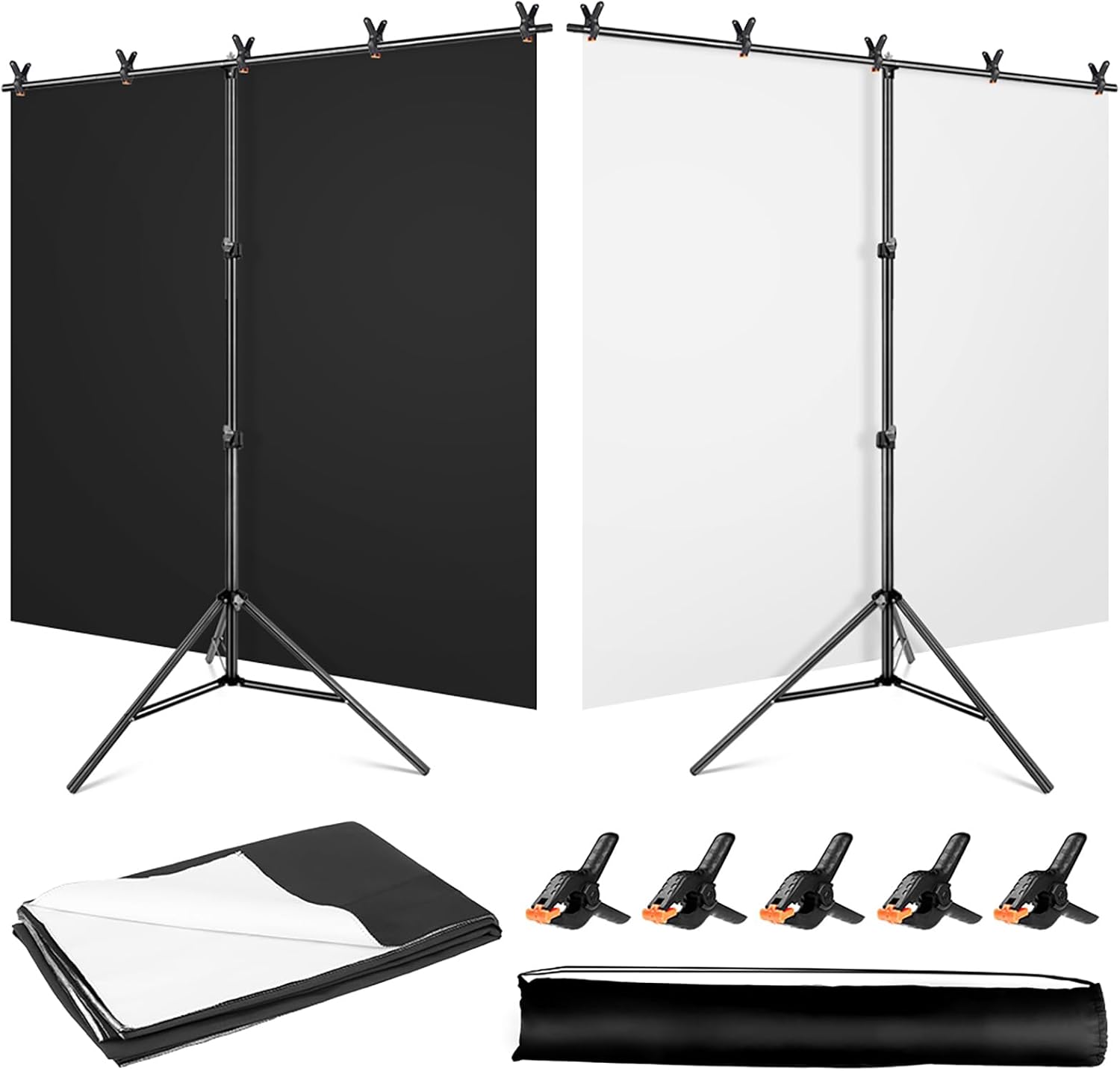 Black White Backdrop Screen with Stand Kit 5×6.5ft for Photo Video Studio, 2-in-1 Revisible Black Backdrop White Screen with T-Shaped Photography Background Support Stand and 5 Clamps