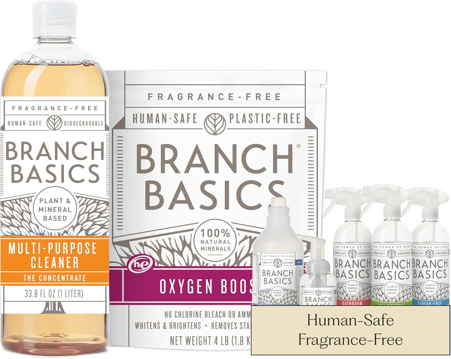Branch Basics Premium Starter Kit: All Purpose Cleaner, Glass, and Bathroom Cleaner plus our Foaming Wash, and Laundry Bottle (3 Plastic Spray Bottles + Concentrate) Fragrance-Free