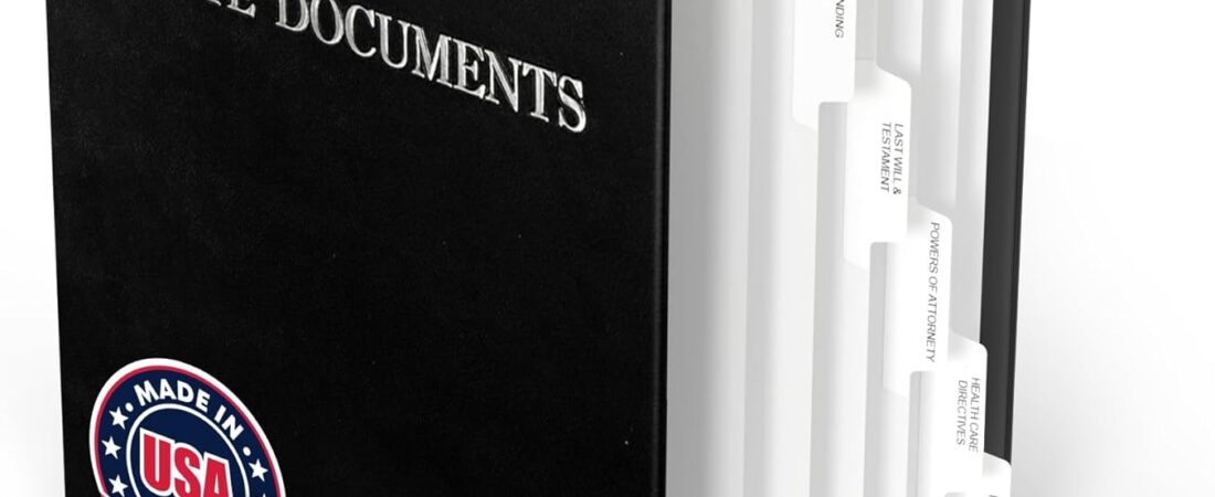 Estate Planning Binder with Pre-Labeled Tabs, 1.5-Inch Angle D Ring, Faux Leather, Sheet Protectors– Organizing Wills, Trusts, Powers of Attorney (Black with Silver) + Linen Folder