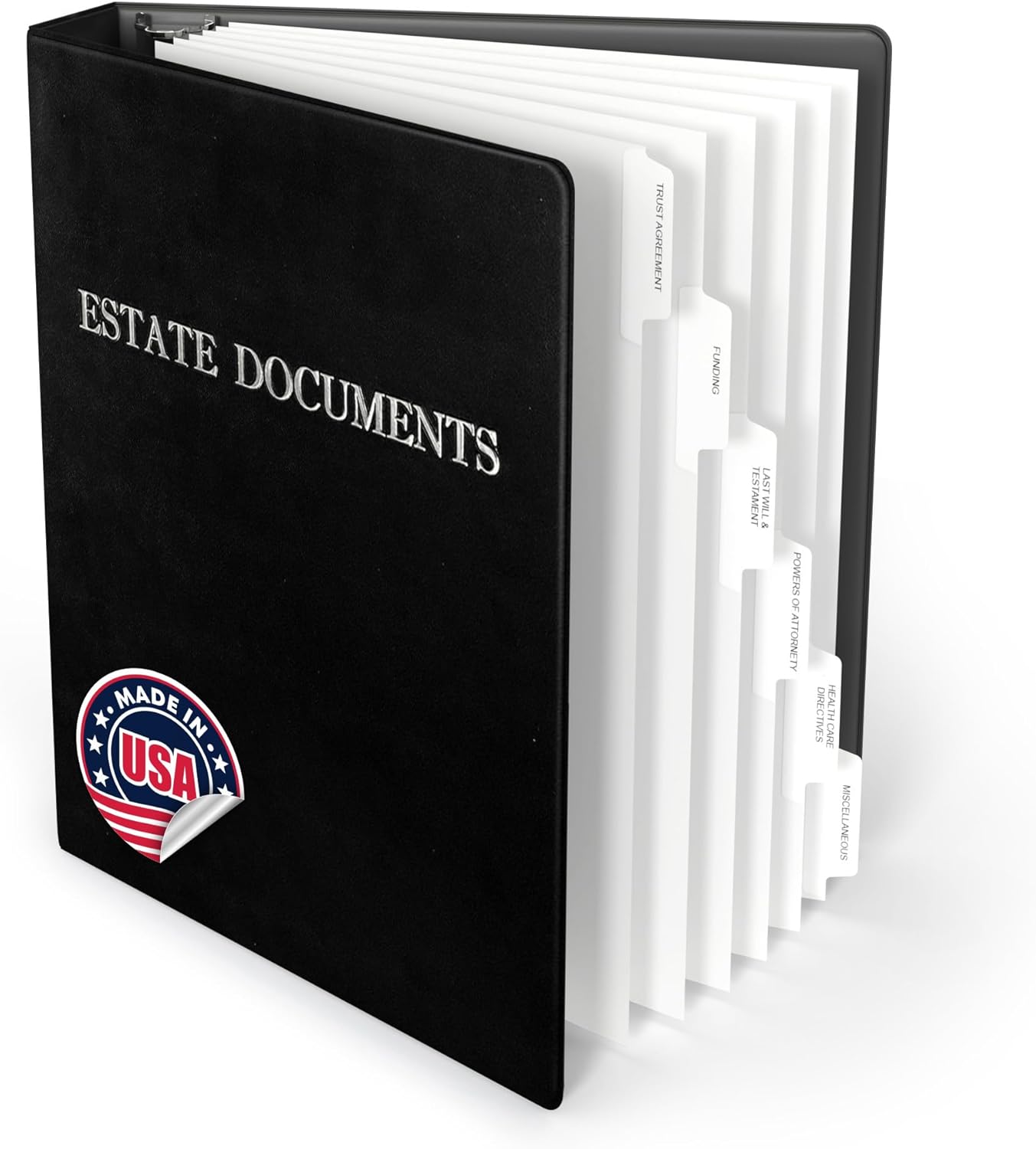 Estate Planning Binder with Pre-Labeled Tabs, 1.5-Inch Angle D Ring, Faux Leather, Sheet Protectors– Organizing Wills, Trusts, Powers of Attorney (Black with Silver) + Linen Folder