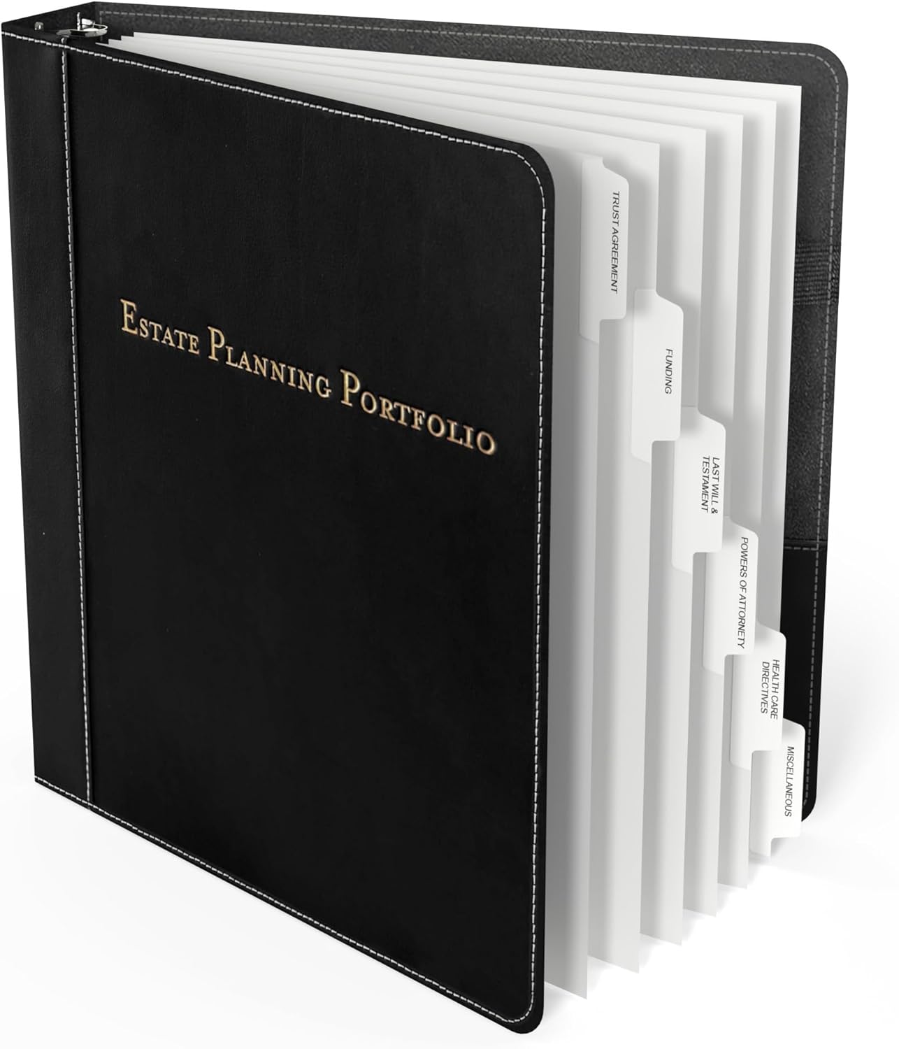 Estate Planning Leather Organizer Binder – Genuine Leather Estate Planning Portfolio, 3 Ring Round Ring Trust Binder with Tabs & Folder for Wills, Insurance & Legal Documents – Black Leather