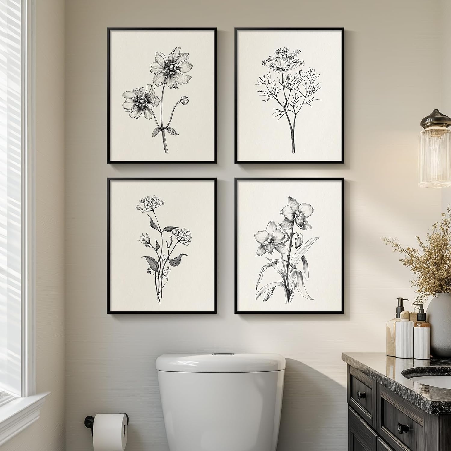 Framed Black and White Bathroom Wall Art, 4 Piece Vintage Floral Canvas Prints Artwork for Farmhouse, Rustic Minimalist Flower Botanical Pictures for Bedroom Living Room Wall Decor, 8x10x4 (Pack)