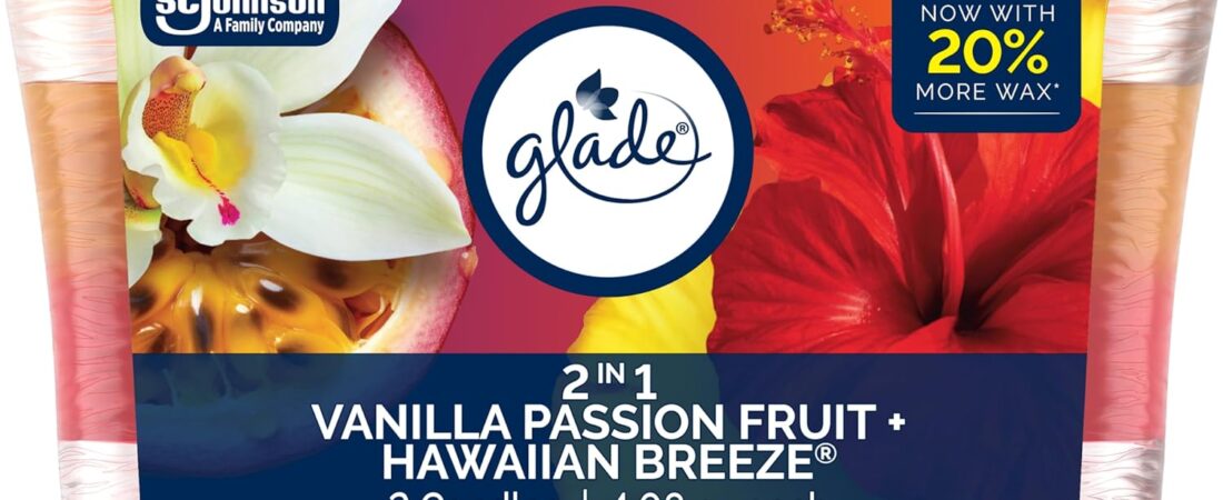 Glade 1-Wick 2in1 Scented Candle Jar, Hawaiian Breeze & Vanilla Passion Fruit, Air Freshener Infused with Essential Oils, 4.08 Oz, 2 Count Glade 1-Wick 2in1 Scented Candle Jar, Hawaiian Breeze & Vanilla Passion Fruit, Air Freshener Infused with Essential Oils, 4.08 Oz, 2 Count