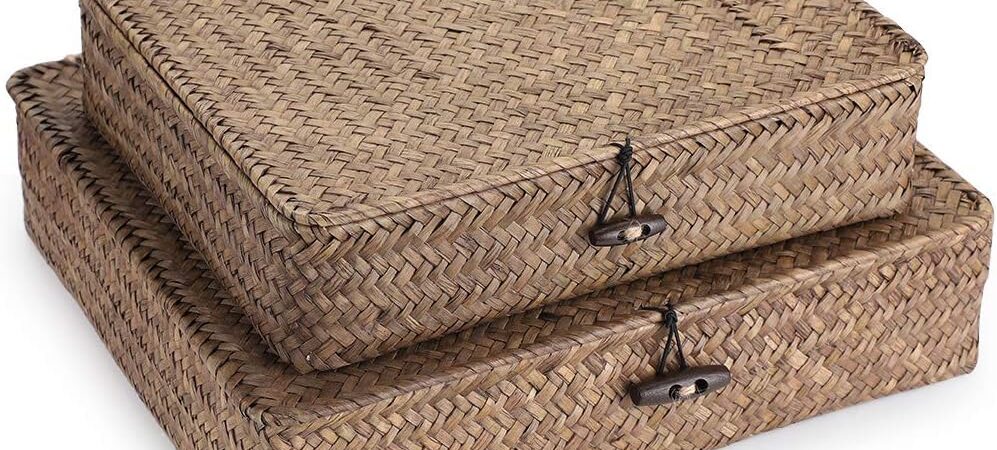 Hipiwe Set of 2 Flat Woven Wicker Storage Bins with Lid Natural Seagrass Basket Multipurpose Home Boxes for Shelf Organizer (Coffee) Hipiwe Set of 2 Flat Woven Wicker Storage Bins with Lid Natural Seagrass Basket Multipurpose Home Boxes for Shelf Organizer (Coffee)