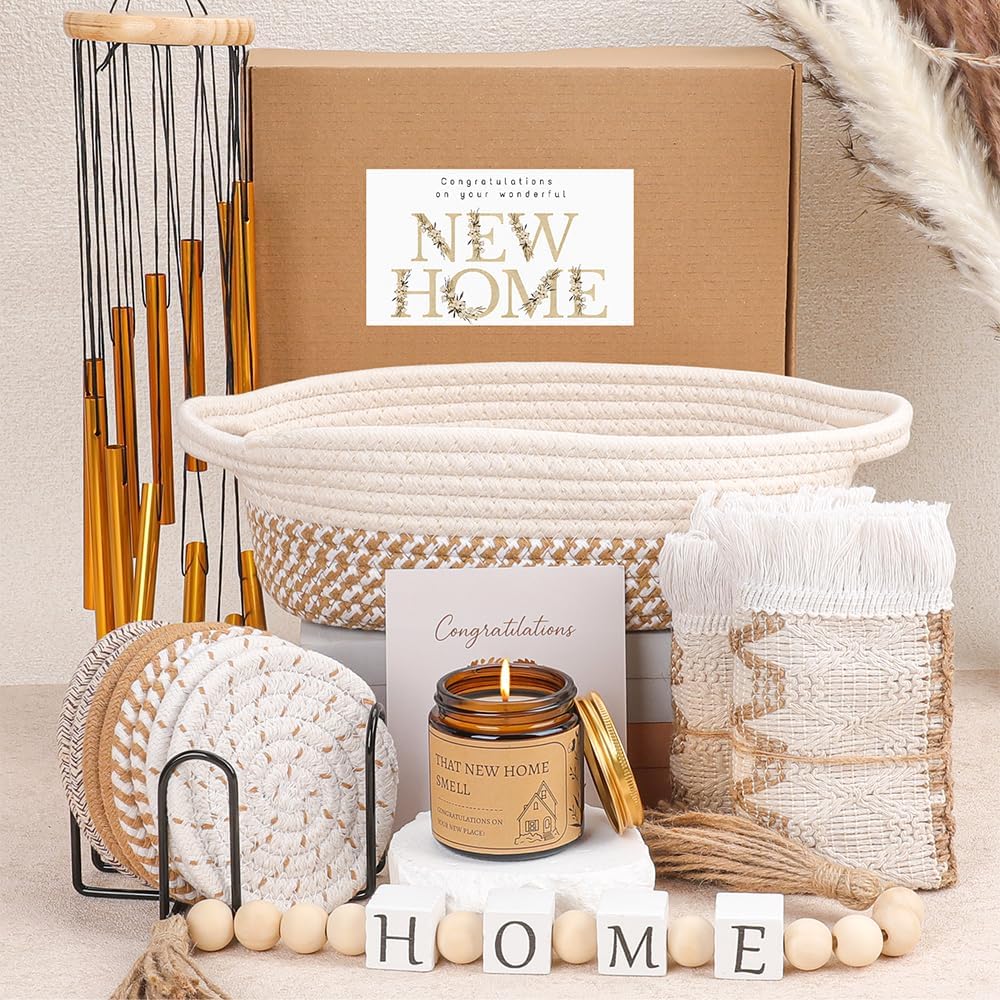 House Warming Gifts New Home | 8 Pcs New House Essentials | Housewarming Gifts Basket with Coasters, Personalized Gift Ideas Basket with Wind Chime, Realtors Closing Gifts for Home Buyers