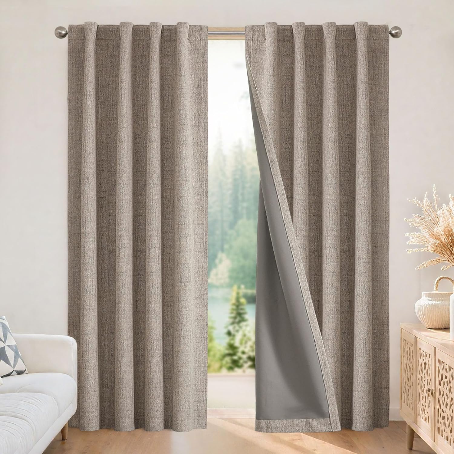 Joydeco Blackout Curtains for Bedroom – Nature Linen 84 Inch Long 100% Light Blocking 2 Panels Set, Rod Pocket & Back Tabs Living Room Drapes, Thermal Insulated Room Darkening Window Curtains