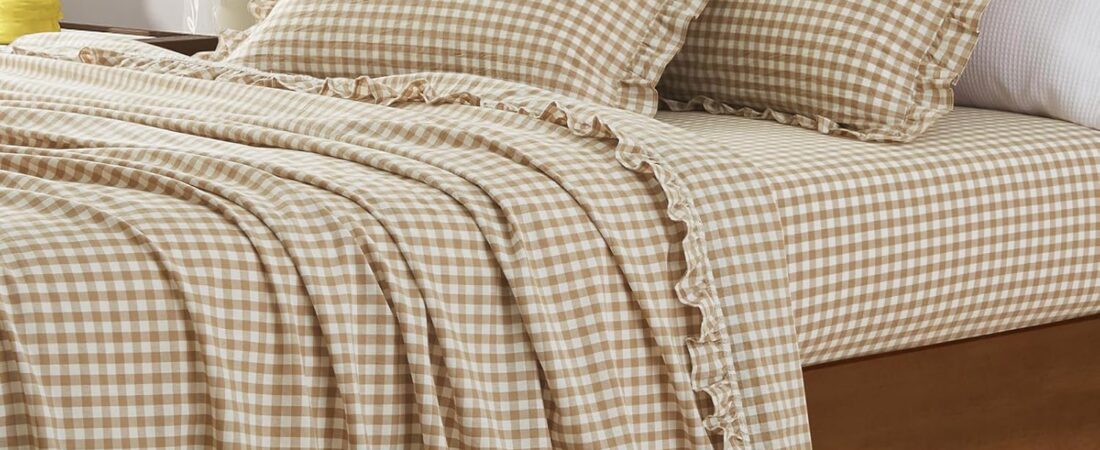 KKJIAF 4 Pieces Plaid Ruffle Queen Bed Sheets, Cotton Gingham Queen Bed Sheet Set Linen Feel Comfy Breathable Ruffed Plaid Bed Sheets with 16 Inch Deep Pocket, Taupe