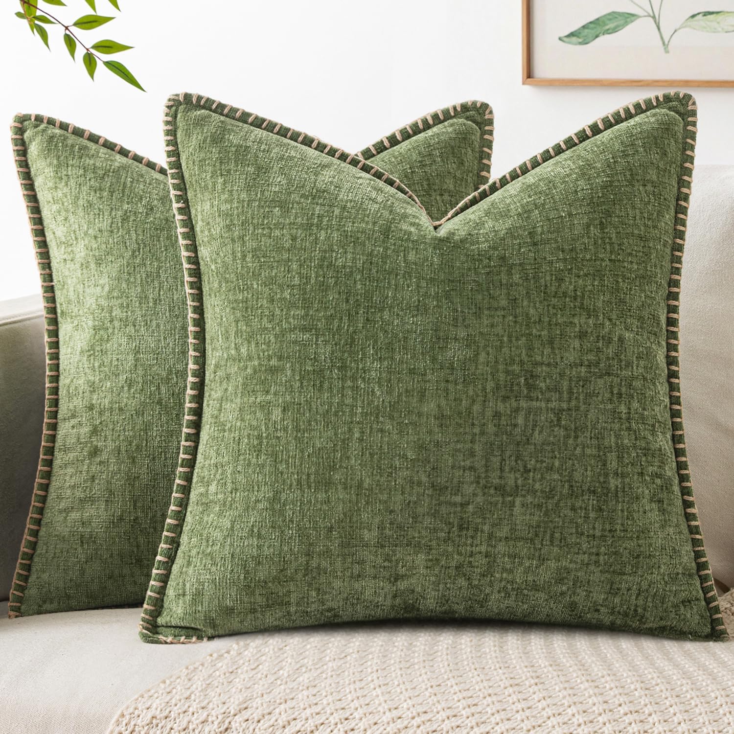 MIULEE Pack of 2 Couch Throw Pillow Covers 18×18 Inch Sage Green Farmhouse Decorative Pillow Covers with Stitched Edge Soft Chenille Solid Dyed Spring Pillow Covers for Sofa Bed Living Room