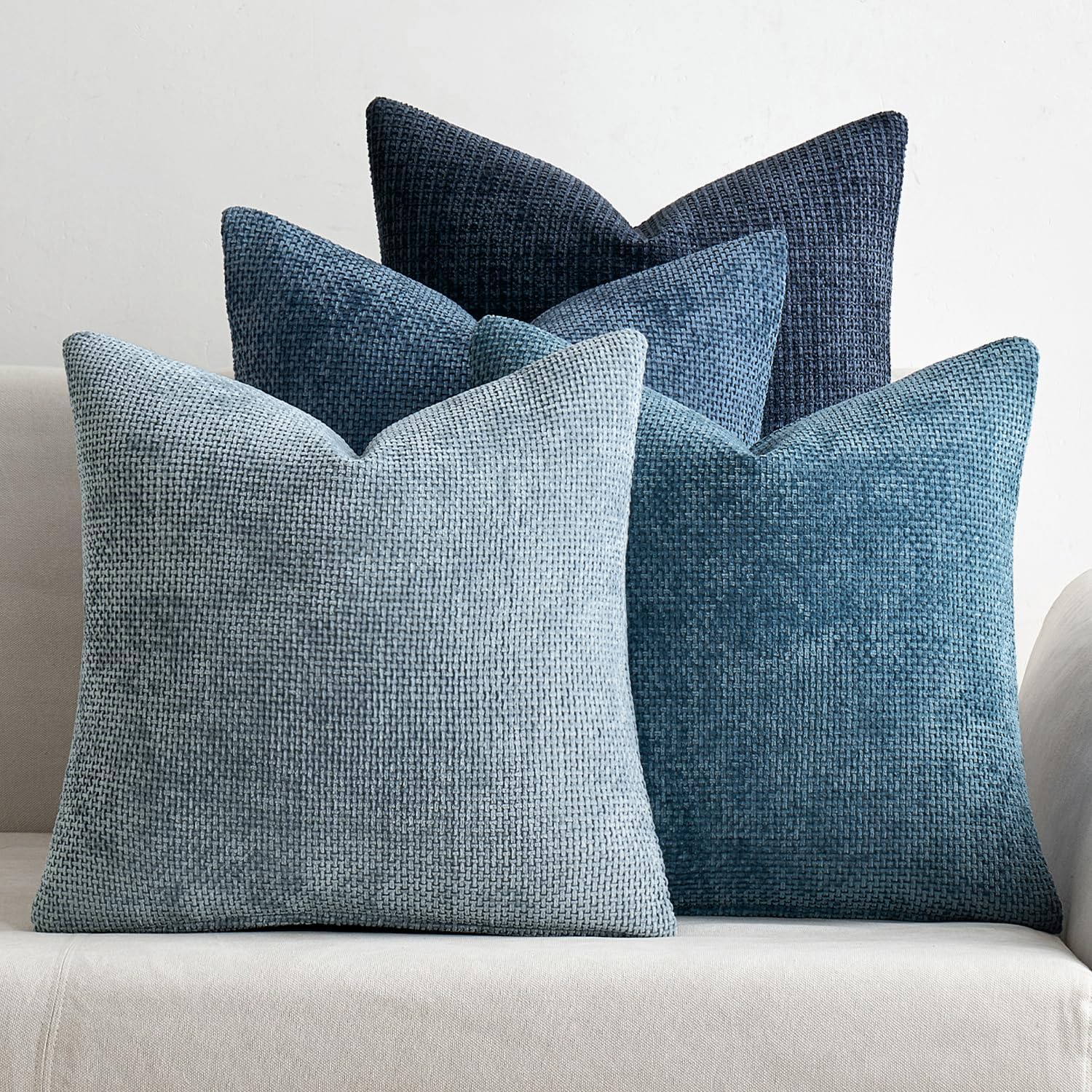 MIULEE Pack of 4 Couch Throw Pillow Covers 18×18 Inch Neutral Blue Soft Decorative Chenille Pillow Covers Farmhouse Accent Cushion Covers for Boho Western Spring Coastal Decor Sofa Bed Living Room