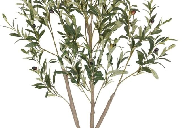 Olive Trees Artificial Indoor, 5FT Tall Faux Olive Tree with White Tall Planter, Artificial Plants with Natural Wood Trunk and Lifelike Fruits for Home Office Decor