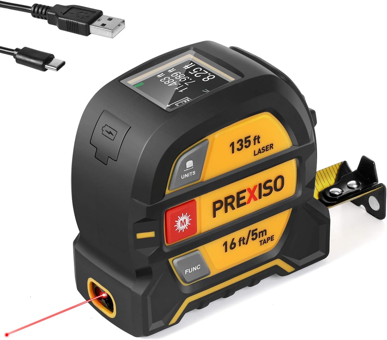 PREXISO 2-in-1 Laser Tape Measure, 135Ft Rechargeable Measurement Tool & 16Ft Measuring Movable Magnetic Hook – Pythagorean, Area, Volume, Ft/Ft+in/in/M Unit NOT Digital