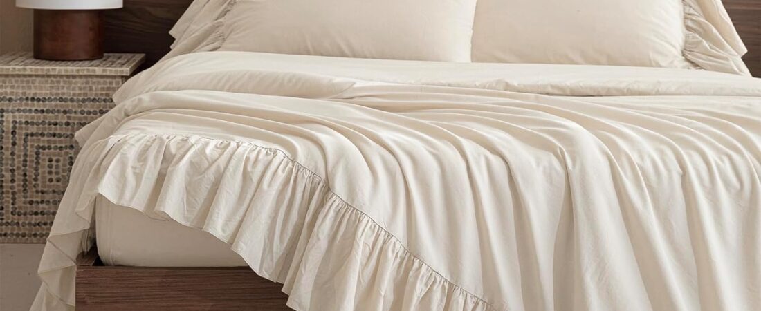 QSH 100% Cotton King Size Sheets,Ruffle Bed Sheets Wheat Farmhouse Shabby Vintage Chic Bedding 3 Pieces Aesthetic French Country Neutral King Bedding Soft Breathable