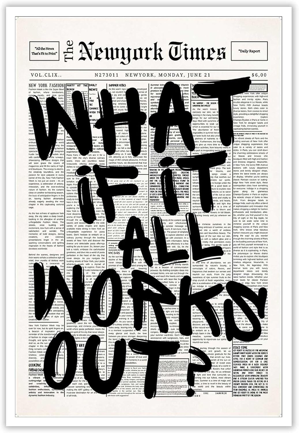 Retro Black And White Newspaper Poster What If It All Works Out Canvas Wall Art Positive Affirming Quote Minimalist Prints Painting For Home Bedroom Dorm Wall Decor 12x16in Unframed