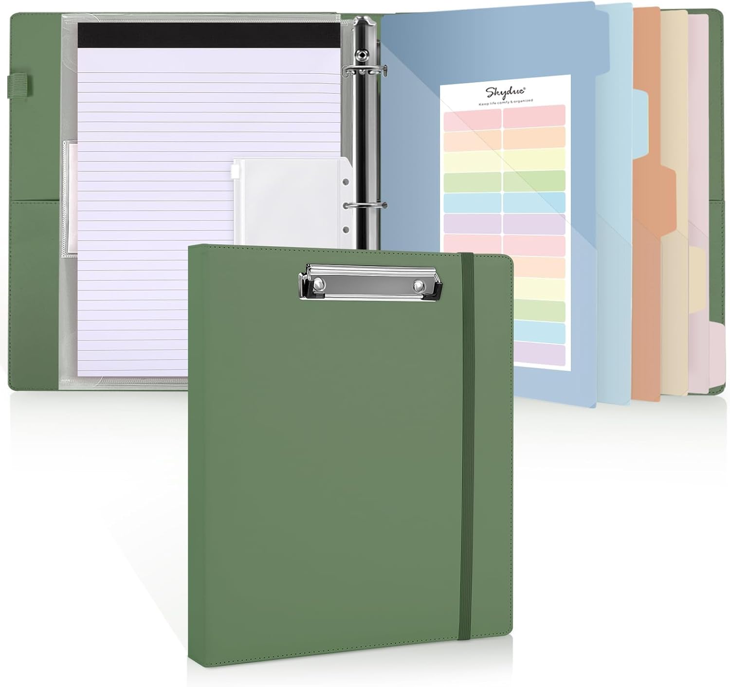 SKYDUE Clipboard Binder with Refillable Notepad, PU Clipboard Folder Includes 5 Dividers with 10 Pockets, Labels, 3 Ring Binder 1 Inch for School Office (Fit Letter Sized Paper),Olivegreen