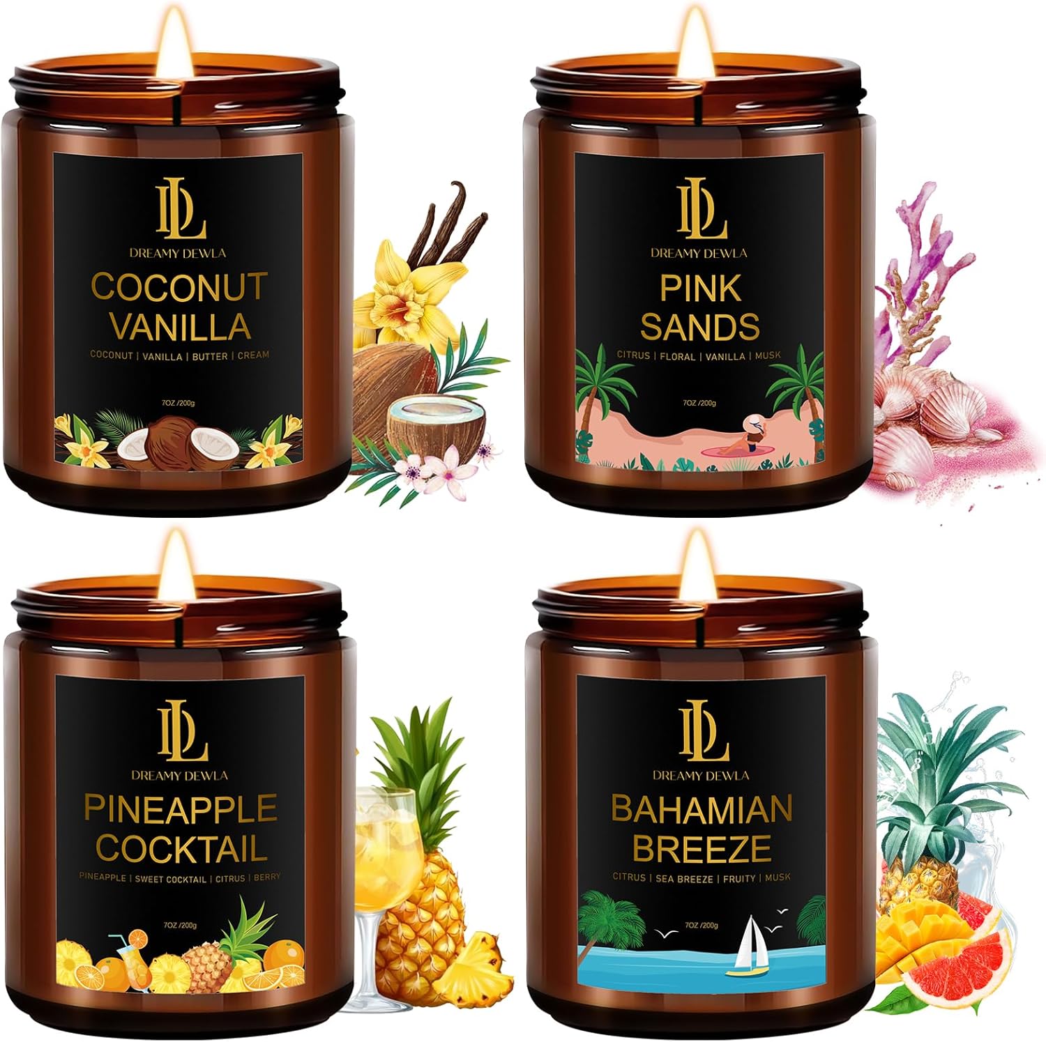 Scented Candles Set, 4 Pack Soy Candles for Home Scented, Holiday Valentine’s Day Candle Gifts for Men Women, Scents of Pineapple Cocktail/Coconut Vanilla/Pink Sands/Bahamian Breeze