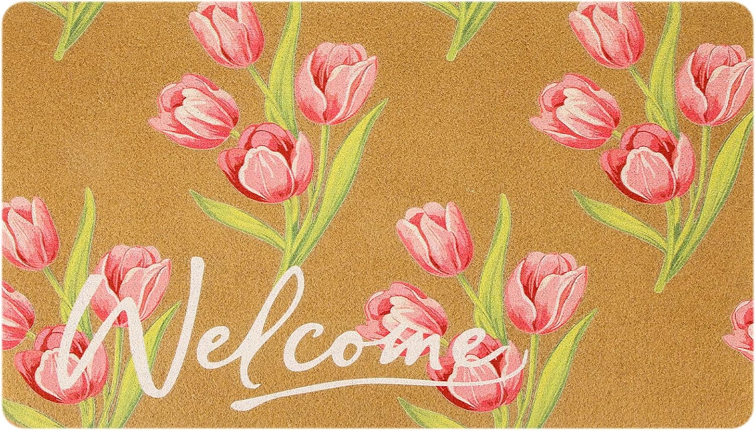 Spring Coir Doormat Outdoor, 17”x 29.5” Tulip Floral Welcome Mat, Spring Flower Front Door Rug with Non-Slip Rubber Backing for Indoor Outdoor Entrance Porch Home Bathroom Decor