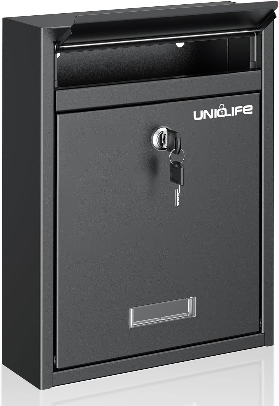 Uniclife Wall Mount Mailbox for Outside, Locking Mail Box, Large Mailbox with Key Lock, Security Mail Box for House, Safe Key Drop Box, Post Box, Steel Cash Drop Box for Home Office School, Black