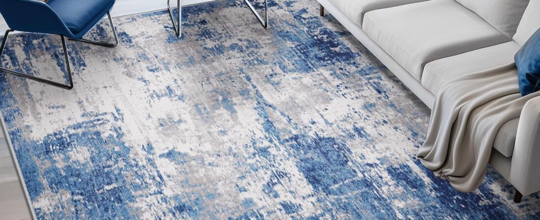Washable Area Rugs 5’x7′ Non-Slip Modern Abstract Soft for Living Room Entryway Bedroom Nursery, Print Pattern, Blue Grey Navy Gray
