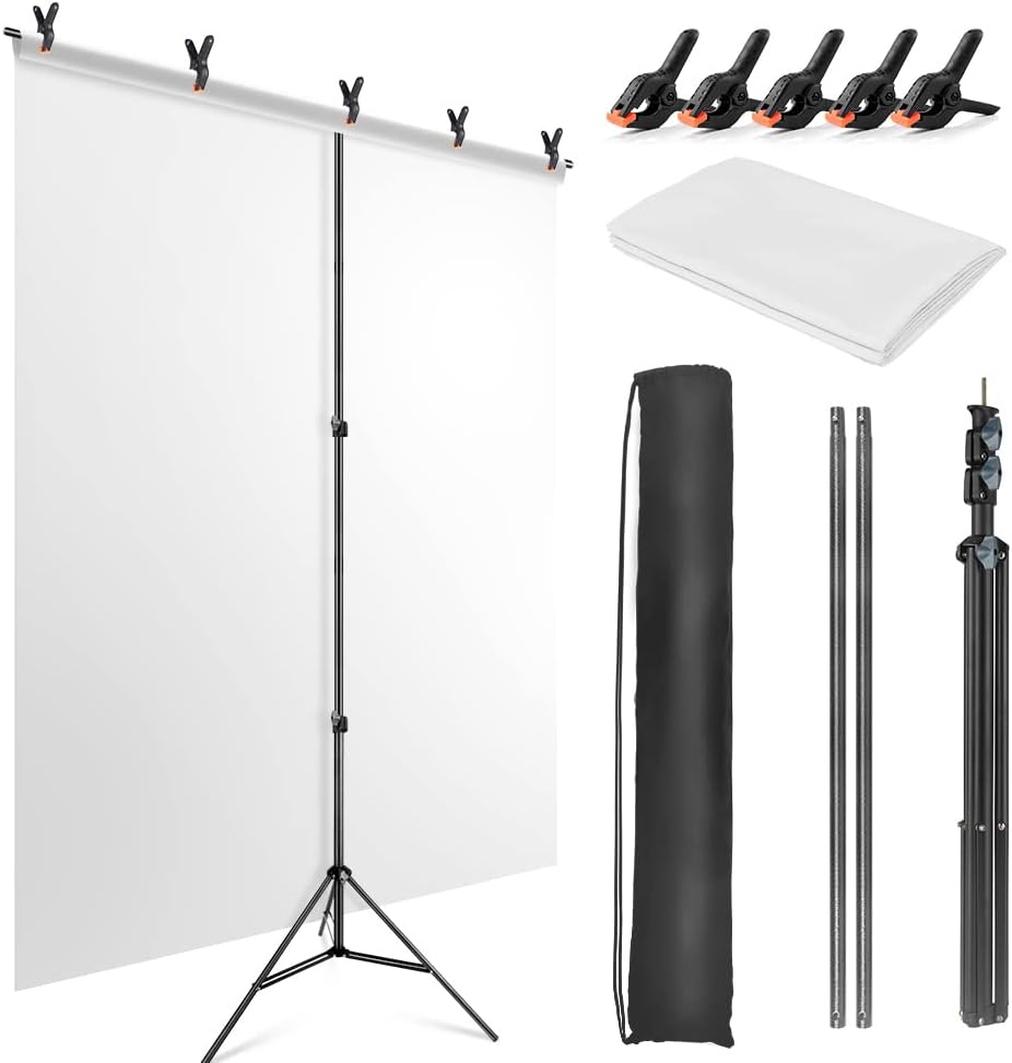 White Backdrop with Stand for Photoshoot, 5X6.5ft White Photo Backdrop with T Shape Background Backdrop Stand for Photography, Portable Photo Backdrop Curtain Stand Kit w Carrying Bag 5 Spring Clamps