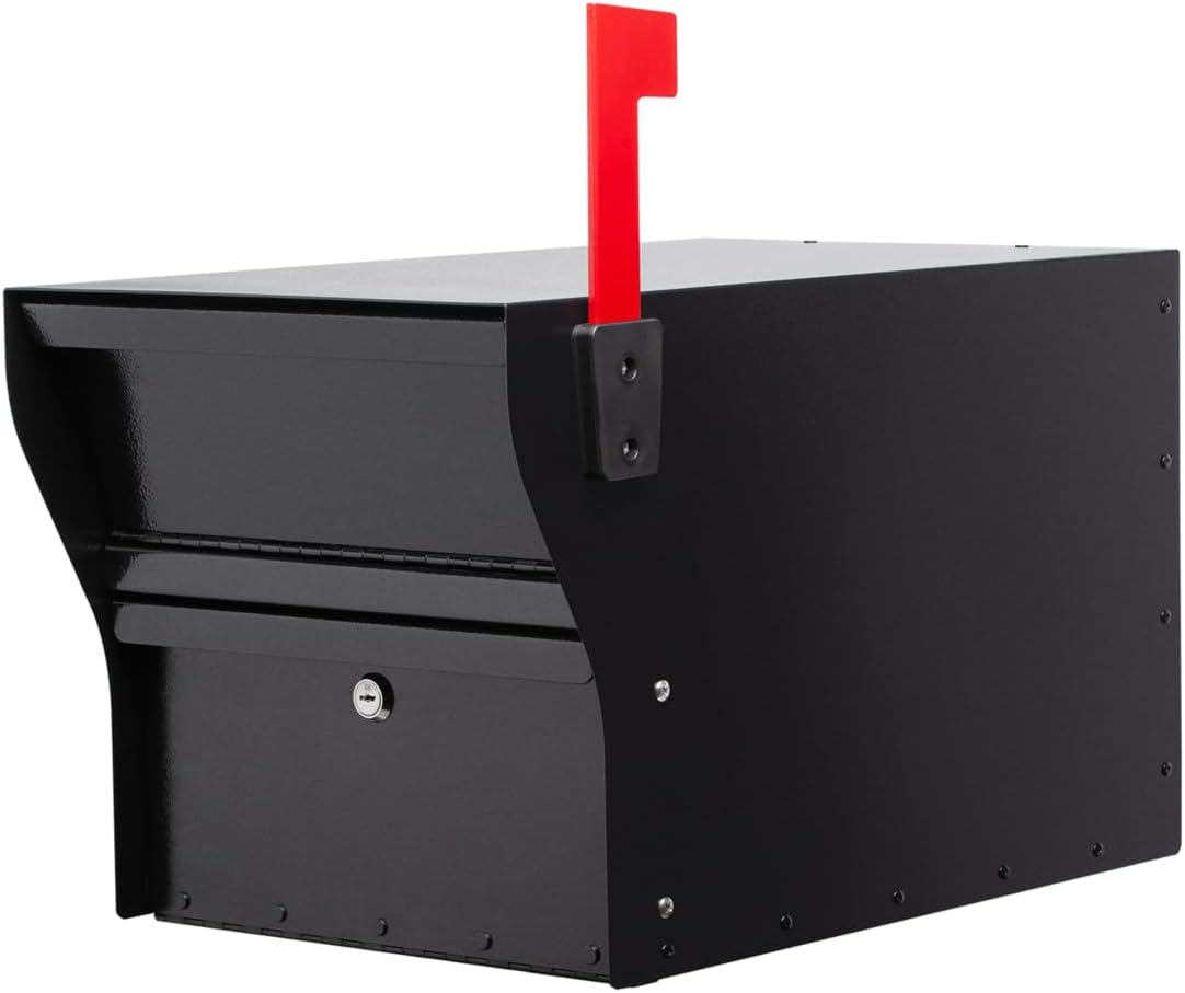 Whitehall MailVault Streetside Locking Mailbox – Heavy Duty Steel Anti-Theft Secure Mailbox for Outside, Large Modern Square Post Mount Mailbox with Key Lock, Weather Resistant, Black