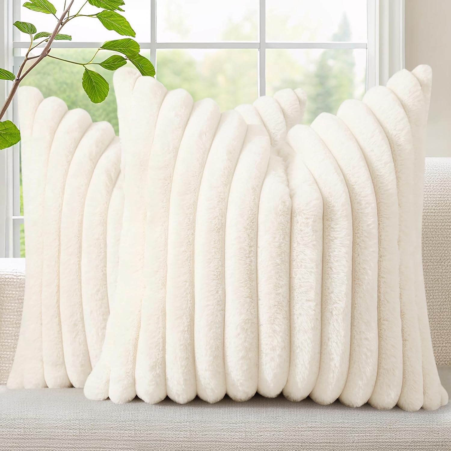 decorUhome Cozy Faux Fur Spring Throw Pillow Covers 18×18 Set of 2 Decorative Soft Plush Striped Modern Farmhouse Boho Couch Pillow Cases with Velvet Back for Sofa Bed Living Room, Cream White decorUhome Cozy Faux Fur Spring Throw Pillow Covers 18×18 Set of 2 Decorative Soft Plush Striped Modern Farmhouse Boho Couch Pillow Cases with Velvet Back for Sofa Bed Living Room, Cream White